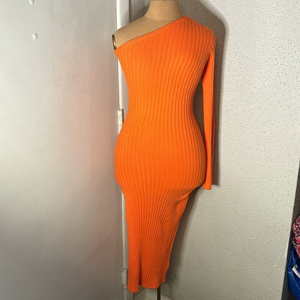 Lulus Time to Delight Orange Ribbed One-Shoulder Sweater Midi Dress S NEW Vacay